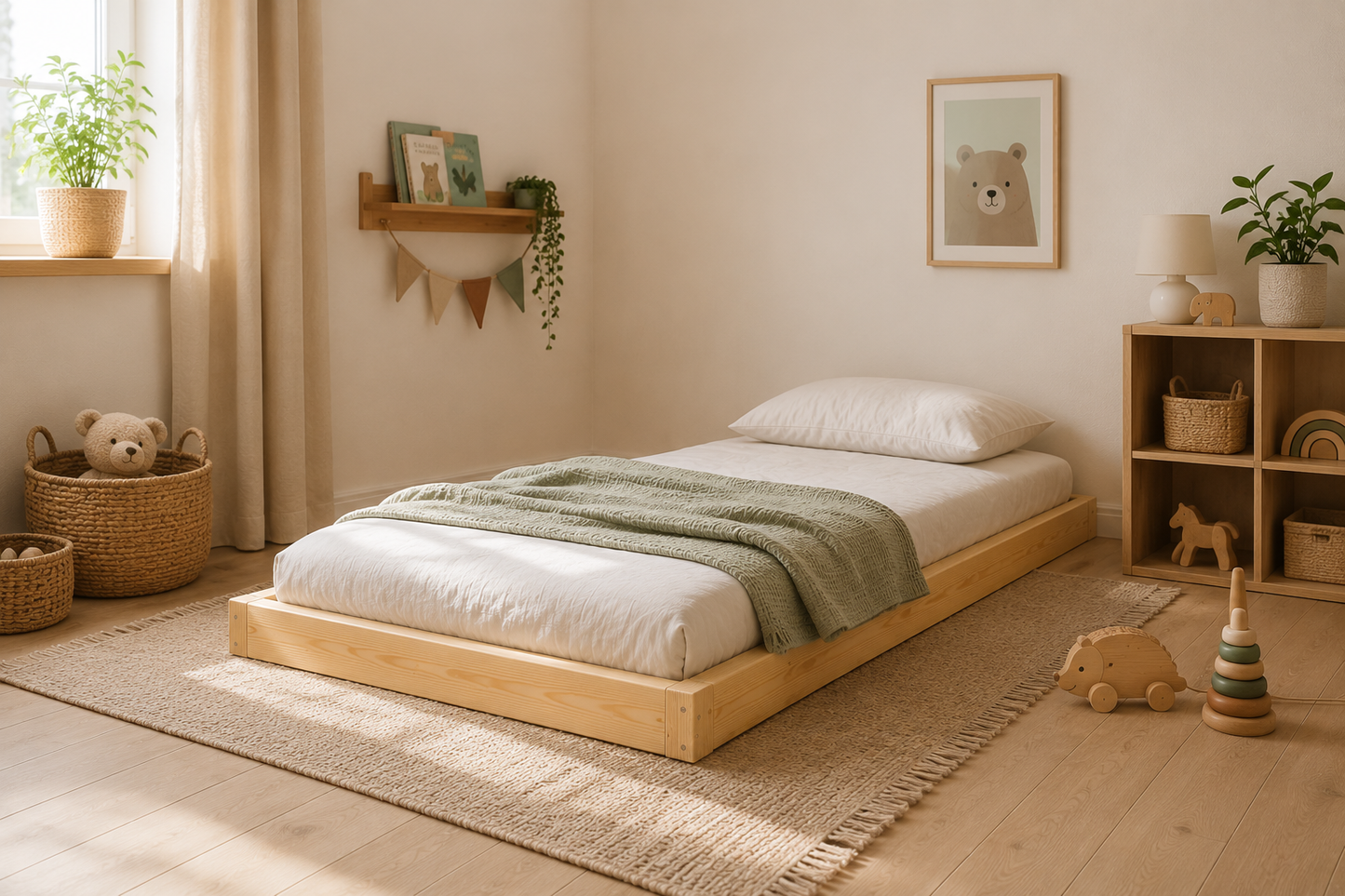 Montessori Kinderbett  aus Kiefernholz – Minimalistisches Holzbett