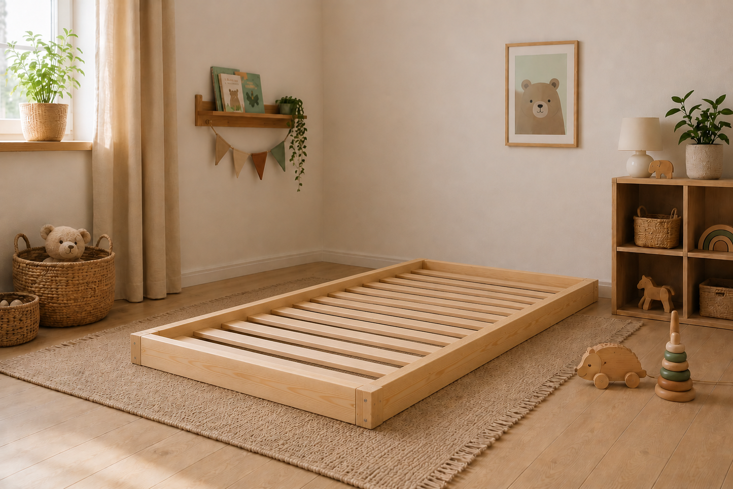 Montessori Kinderbett  aus Kiefernholz – Minimalistisches Holzbett